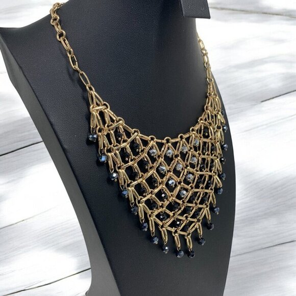 Vintage Art Deco Beaded Lace Chainmail Gold-Tone Necklace With Iridescent Beads - Picture 2 of 4